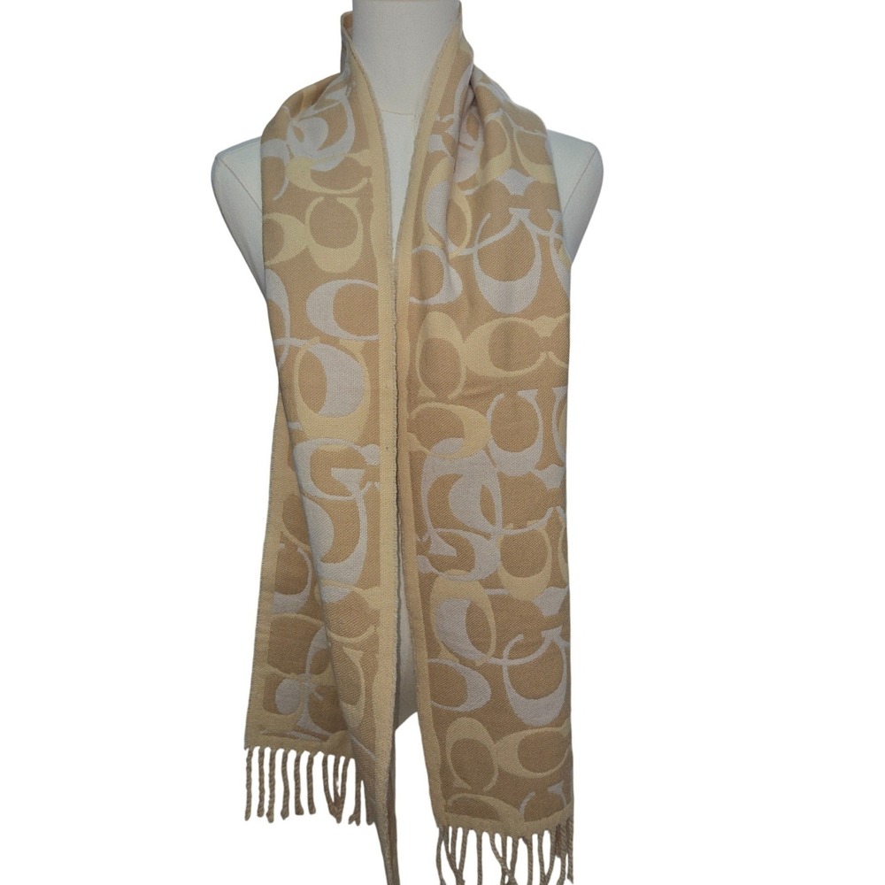 Coach Signature Monogram Jacquard Scarf Beige Cream Fringe Tassel Wrap - Picture 6 of 9